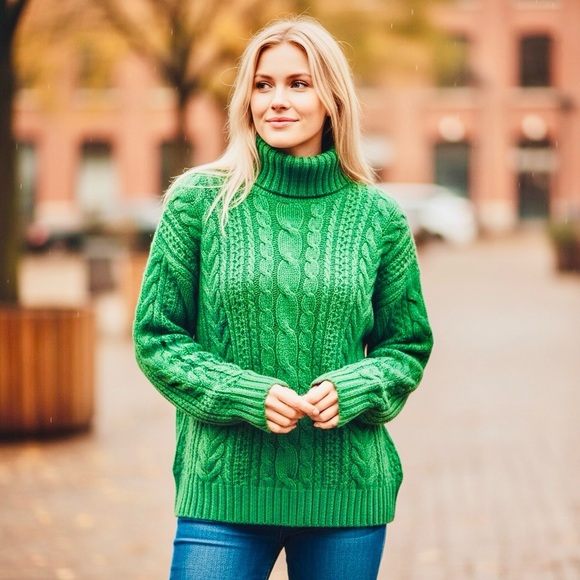 Vintage GAP Green Cable Knit Turtleneck Sweater Medium 100% Cotton Chunky Knit - Picture 1 of 12
